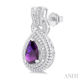 8X5 MM Pear Cut Amethyst and 1/20 Ctw Round Cut Diamond Semi-Precious Earrings in Sterling Silver