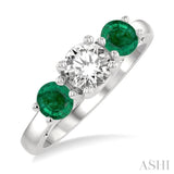4.65 MM Round Shape Emerald and 3/4 Ctw Past, Present and Future Round Cut Diamond Precious Ring in 14K White Gold