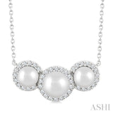 5MM & 4MM Cultured Pearl and 1/6 Ctw Round Cut Diamond Halo Pendant With Chain in 14K White Gold