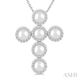 4 MM Cross Cultured Pearl and 1/3 Ctw Round Cut Diamond Pendant With Chain in 14K White Gold