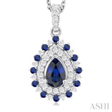 6X4 MM Pear Cut & 1.55 MM Round Cut Sapphire and 1/4 Ctw Round Cut Diamond Floral Precious Pendant With Chain in 14K White Gold