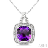 10 MM Cushion Shape Amethyst and 1/20 Ctw Round Cut Diamond Semi-precious Pendant With Chain in Sterling Silver