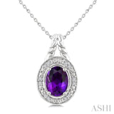 9X7 MM Oval Shape Amethyst and 1/20 Ctw Round Cut Diamond Semi-precious Pendant With Chain in Sterling Silver