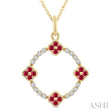 1.25 MM Clover Circle Ruby and 1/8 Ctw Round Cut Diamond Precious Pendant With Chain in 10K Yellow Gold