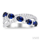 4X3 MM Oval Cut Sapphire and 1/2 Ctw Round Cut Diamond Split Criss Cross Precious Ring in 14K White Gold