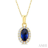 5x3 MM Oval Shape Sapphire and 1/20 Ctw Single Cut Diamond Halo Precious Pendant with Chain in 10K Yellow Gold