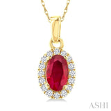 5x3 MM Oval Shape Ruby and 1/20 Ctw Single Cut Diamond Halo Precious Pendant with Chain in 10K Yellow Gold
