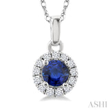 3.25 MM Round Sapphire and 1/20 Ctw Single Cut Diamond Halo Precious Pendant with Chain in 10K White Gold