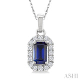 5x3 MM Octagonal Shape Sapphire and 1/20 Ctw Single Cut Diamond Halo Precious Pendant with Chain in 10K White Gold