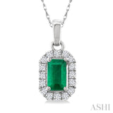 5x3 MM Octagonal Shape Emerald and 1/20 Ctw Single Cut Diamond Halo Precious Pendant with Chain in 10K White Gold