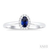 5x3 MM Oval Shape Sapphire and 1/20 Ctw Round Cut Diamond Halo Precious Ring in 10K White Gold