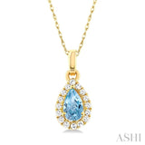 5x3 MM Pear Shape Aquamarine and 1/20 Ctw Round Cut Diamond Halo Semi-Precious Pendant with Chain in 10K Yellow Gold