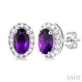 5x3 MM Oval Shape Amethyst and 1/8 Ctw Round Cut Diamond Halo Semi-Precious Stud Earrings in 14K White Gold