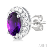 5x3 MM Oval Shape Amethyst and 1/8 Ctw Round Cut Diamond Halo Semi-Precious Stud Earrings in 14K White Gold