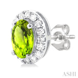 5x3 MM Oval Shape Peridot and 1/8 Ctw Round Cut Diamond Halo Semi-Precious Stud Earrings in 14K White Gold