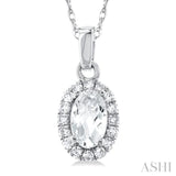 5x3 MM Oval Shape White Topaz and 1/20 Ctw Round Cut Diamond Halo Semi-Precious Pendant with Chain in 10K White Gold