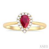 6x4 MM Pear Shape Ruby and 1/6 Ctw Round Cut Diamond Halo Precious Ring in 14K Yellow Gold