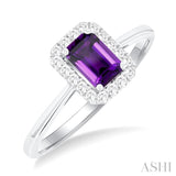 6x4 MM Octagonal Shape Amethyst and 1/6 Ctw Round Cut Diamond Halo Semi-Precious Ring in 10K White Gold