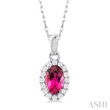 5x3 MM Oval Shape Pink Tourmaline and 1/20 Ctw Round Cut Diamond Halo Semi-Precious Pendant with Chain in 10K White Gold
