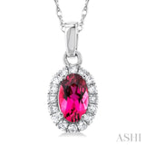5x3 MM Oval Shape Pink Tourmaline and 1/20 Ctw Round Cut Diamond Halo Semi-Precious Pendant with Chain in 10K White Gold