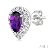 5x3 MM Pear Shape Amethyst and 1/8 Ctw Round Cut Diamond Halo Semi-Precious Stud Earrings in 10K White Gold