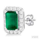 6x4 MM Octagonal Shape Emerald and 1/4 Ctw Round Cut Diamond Halo Precious Stud Earrings in 10K White Gold