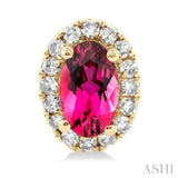 5x3 MM Oval Shape Pink Tourmaline and 1/8 Ctw Round Cut Diamond Halo Semi-Precious Stud Earrings in 14K Yellow Gold