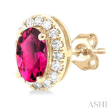 5x3 MM Oval Shape Pink Tourmaline and 1/8 Ctw Round Cut Diamond Halo Semi-Precious Stud Earrings in 14K Yellow Gold