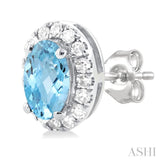 5x3 MM Oval Shape Aquamarine and 1/8 Ctw Round Cut Diamond Halo Semi-Precious Stud Earrings in 10K White Gold