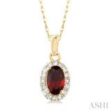 5x3 MM Oval Shape Garnet and 1/20 Ctw Round Cut Diamond Halo Semi-Precious Pendant with Chain in 14K Yellow Gold