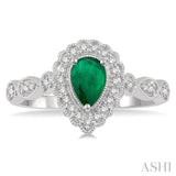 6x4 MM Pear Shape Emerald and 1/6 Ctw Round Cut Diamond Precious Ring in 10K White Gold