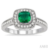 5x5 MM Cushion Shape Emerald and 1/4 Ctw Round Cut Diamond Ring in 14K White Gold