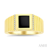 1/10 Ctw 8X7 MM Emerald Cut Onyx and Round Cut Diamond Semi-Precious Men's Grooved Shank Ring in 10K Yellow Gold