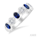 4X3 MM Oval Shape Sapphire and 1/2 Ctw Oval Cut Diamond 7 Stone Bezel Set Precious Fashion Band in 14K White Gold