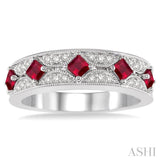 2.5 MM Princess Cut Ruby and 1/6 Ctw Round Cut Diamond Precious Band in 14K White Gold
