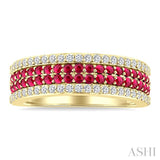 3/8 Ctw Twin Row 1.50MM Round Cut Ruby and Round Cut Diamond Border Precious Fashion Band in 14K Yellow Gold