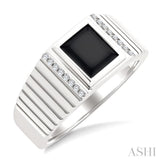 1/10 Ctw 8X7 MM Emerald Cut Onyx and Round Cut Diamond Semi-Precious Men's Grooved Shank Ring in 10K White Gold