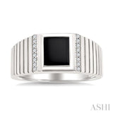 1/10 Ctw 8X7 MM Emerald Cut Onyx and Round Cut Diamond Semi-Precious Men's Grooved Shank Ring in 10K White Gold