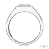 1/10 Ctw 8X7 MM Emerald Cut Onyx and Round Cut Diamond Semi-Precious Men's Grooved Shank Ring in 10K White Gold