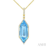 22X8 MM Hexagon Shape Blue Topaz and 1/4 Ctw Round Cut Diamond Semi-Precious Pendant With Chain in 14K Yellow Gold