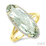 22X8 MM Oval Shape Green Amethyst and 1/5 Ctw Round Cut Diamond Semi-Precious Ring in 14K Yellow Gold