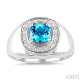 8 MM Cushion Shape Blue Topaz and 1/20 Ctw Round Cut Diamond Semi-Precious Ring in Sterling Silver
