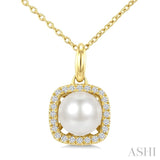 6 MM Cultured Pearl and 1/10 Ctw Round Cut Diamond Petite Cushion Shaped Fashion Pendant With Chain in 10K Yellow Gold