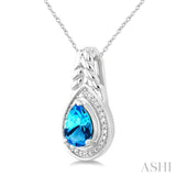 9X6MM Pear Cut Blue Topaz and 1/20 Ctw Round Cut Diamond Semi-Precious Pendant With Chain in Sterling Silver