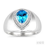 8X5MM Pear Cut Blue Topaz and 1/20 Ctw Round Cut Diamond Semi-Precious Bold Ring in Sterling Silver
