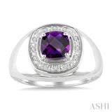 8 MM Cushion Shape Amethyst and 1/20 Ctw Round Cut Diamond Semi-Precious Ring in Sterling Silver