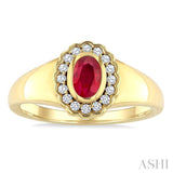 6X4 MM Oval Shape Ruby and 1/6 Ctw Round Cut Diamond Bold Precious Ring in 10K Yellow Gold