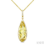 22X8 MM Pear Shape Lemon Quartz and 1/4 Ctw Round Cut Diamond Semi-Precious Pendant With Chain in 14K Yellow Gold