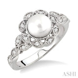 6.5 MM Cultured Pearl and 1/8 ctw Single Cut Diamond Ring in 10K White Gold