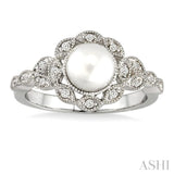 6.5 MM Cultured Pearl and 1/8 ctw Single Cut Diamond Ring in 10K White Gold